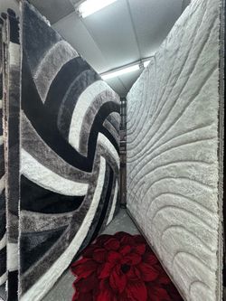Shaggy Area Rug Black Gray Swirl Pattern
