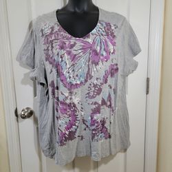Just My Size 4X 4XG Purple Butterfly Print Gray Top Scoop Neck V-Notch Plus Size