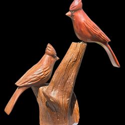 Hand Carved Cardinal Birds On Driftwood By John COWDEn