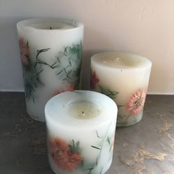 Set Of 3 Pillar Candles. 2 Slightly Used, One Never Used.