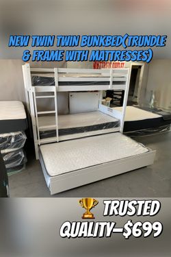 New Twin Twin Bunkbed (Frame & Trundle With Mattresses)