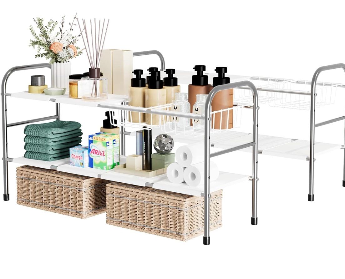 2 Pack Under Sink Organizer, 2 Tier Expandable White Under Cabinet Storage Shelf with 6 Removable Panels and 2 Baskets, Expandable Shelf for Cupboard,