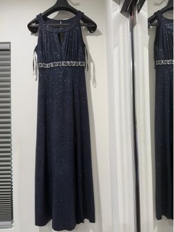 Enfocus Studio Halter Silver metalic Navy Blue Long Dress