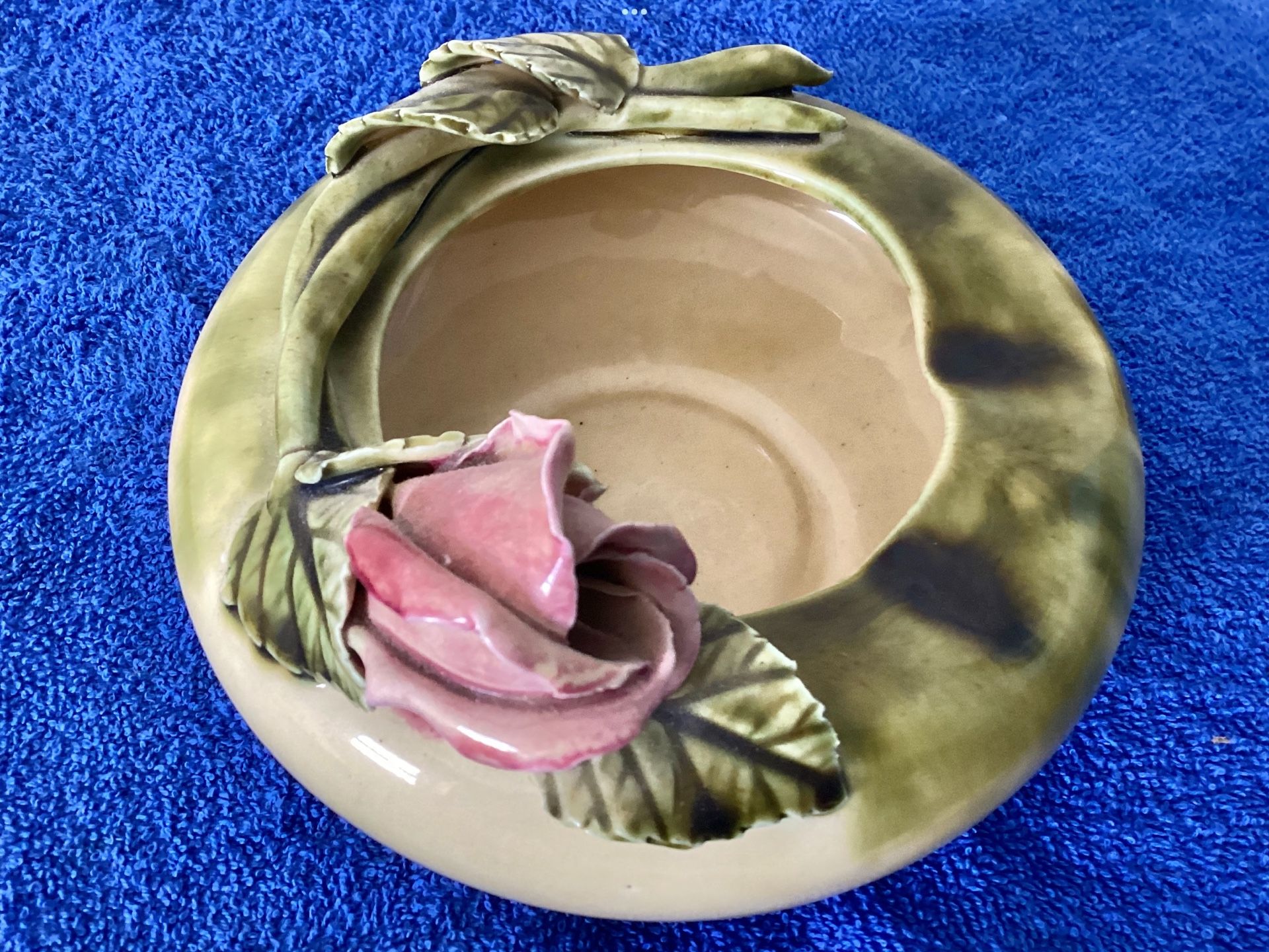 1940s Art Nouveau Style Porcelain Dish / Ashtray + Bowl Applied Magnolia Hand Painted Flowers