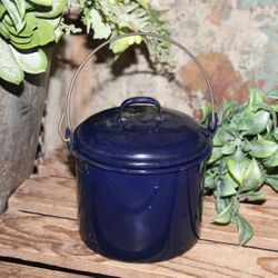 Vintage Blue Primitive Farmhouse Enamelware Berry Bucket