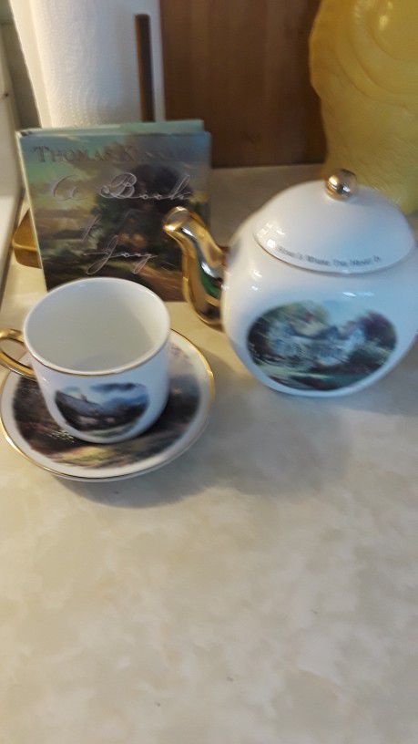Thomas Kincade  Teapot, Cup and Saucer set ..and "  A Book Of  Joy"  a collection of qoutes by Thomas Kinkade and others