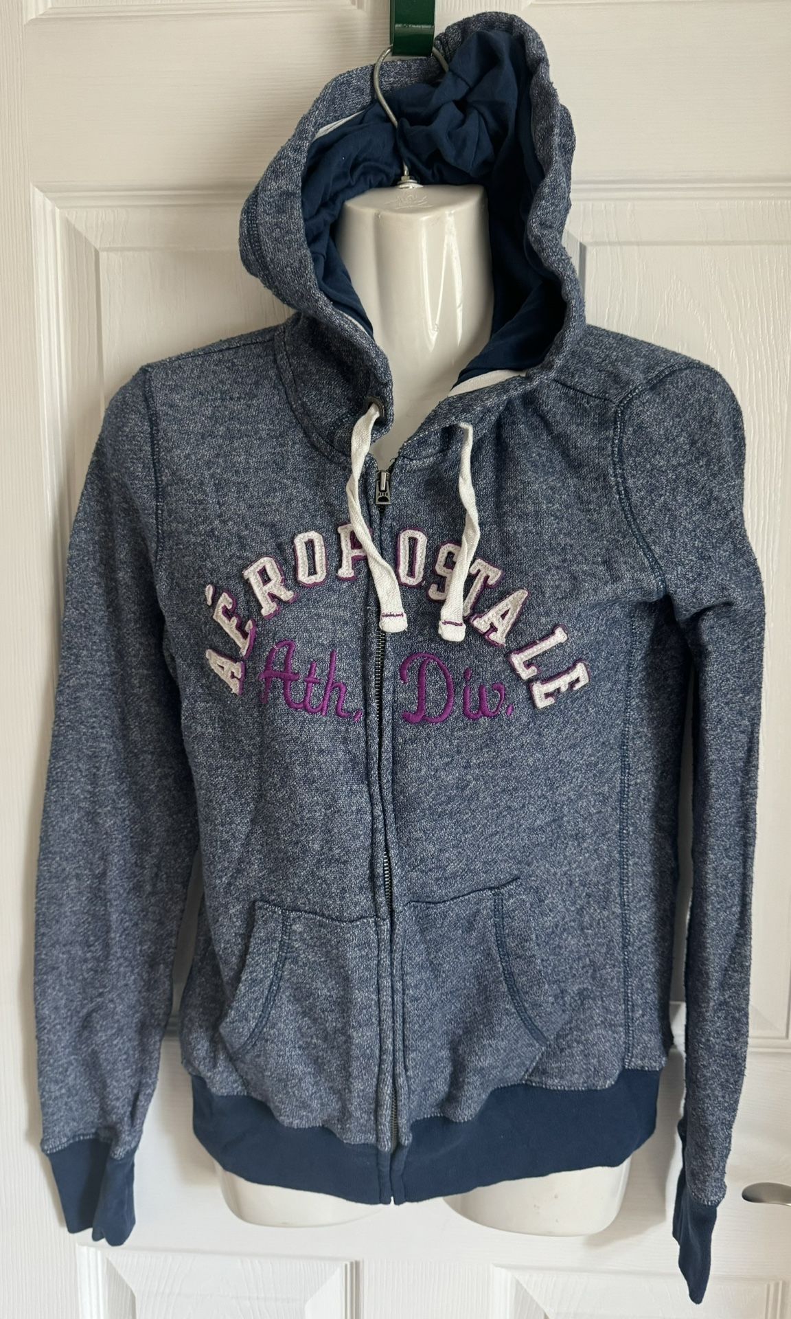 AEROPOSTALE Sz M Blue W/ Purple Logo Zip Up Hooded Sweatshirt Long Sleeve Women