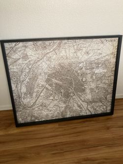 Vintage Paris France Black Wood Framed Map Parisian Bistro Decor