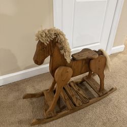 Vintage Handcrafted Amish Wooden Rocking Horse With Yarn Mane & Tail ~ Rustic Folk Art Kids Toy