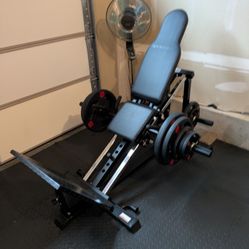 Leg press / hack squat machine: Includes complete 255 pound set of Olympic plates.