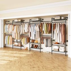 H6 Wall Mounted Closet System, Industrial Pipe Clothes Rack Clothing Racks with 6 Telescopic Rods & 3 Fixing Rods & 9 Shelves, Heavy Duty Closet Organ