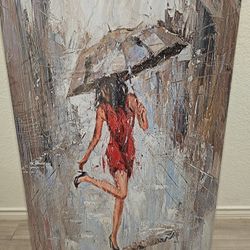 36x24 Abstract Canvas Print Rain Modern Wall Art Painting Girl Umbrella with Red Dress Walking in Street Figure Artwork
