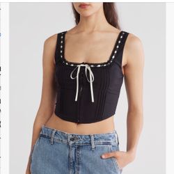 Front Tie Lace Corset Black Lace-Trim Camisole Top with White Ribbon Sz Large BNWT