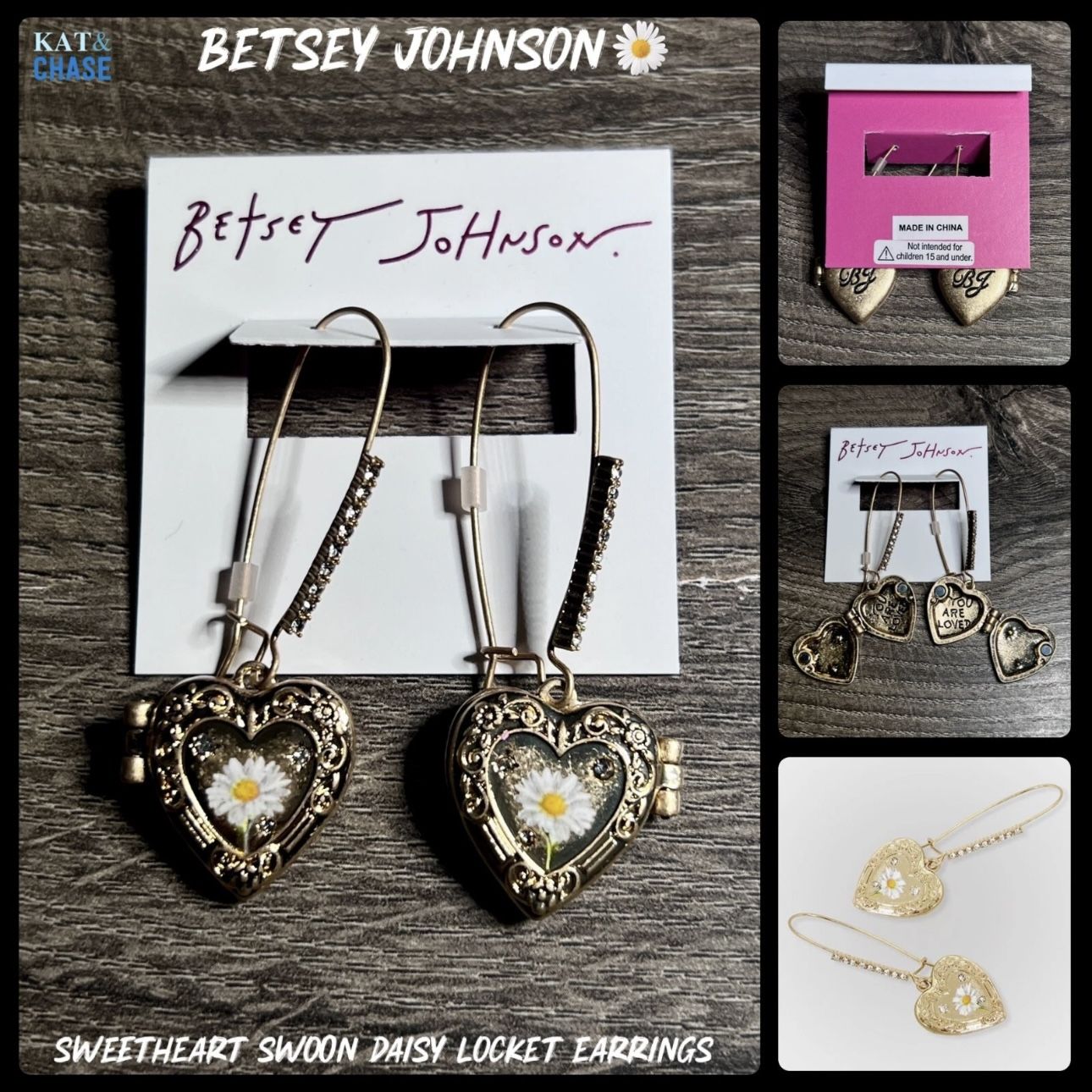Betsey Johnson Gold Tone Sweetheart Daisy Heart Locket Drop Earrings NWT These Betsey Johnson Gold Tone Sweetheart Daisy Heart Locket Drop Earrings