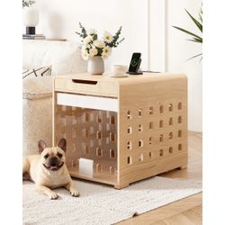 Modern Wooden Dog Crate Furniture with Charging Station – Oak