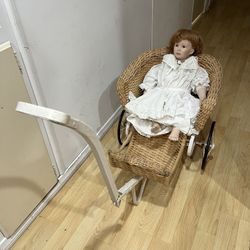 Vintage Porcelain Doll In Wicker And Metal Carriage 