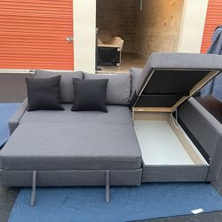 Grey Sectional! Pull-Out Sleeper With Storage. 