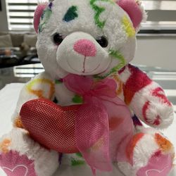 Teddy bear Valentines Day Plush white Multicolor Hearts Pink Bow 11” Ages 3+