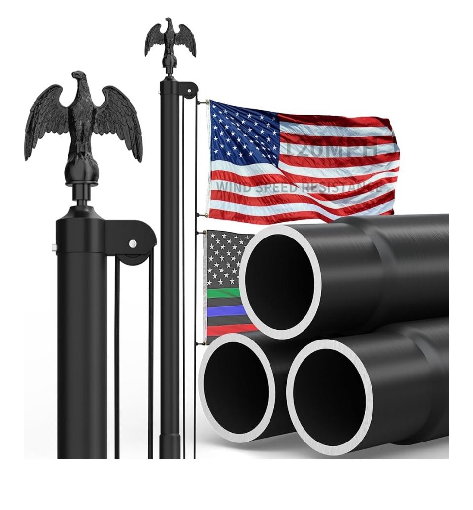 25FT Black Heavy Duty Flag Pole Kit with Metal Eagle Topper, 11‑Gauge Aluminum, 3x5 Embroidered Nylon Flag for Outside House, 120MPH Wind Rated