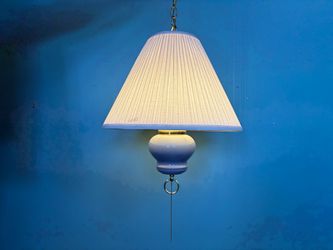 Vintage Blue Swag Pendant Lamp with Chain Pull and White Pleated Shade