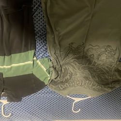green affliction shirt and green and black santa cruz shirr