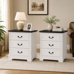 2PCS 3-Drawer Nightstand Side End Table with Charging Station Black Top
