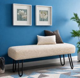 Teddy Sherpa Ivory white ottoman bench with black legs for bedroom, living room