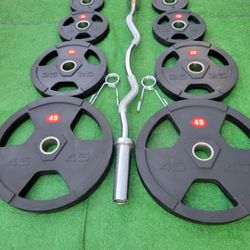 WEIGHTS SET AND 4FT CURLED BARBELL 