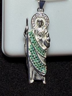 San Judas Tadeo Silver Pendant with Green Stones