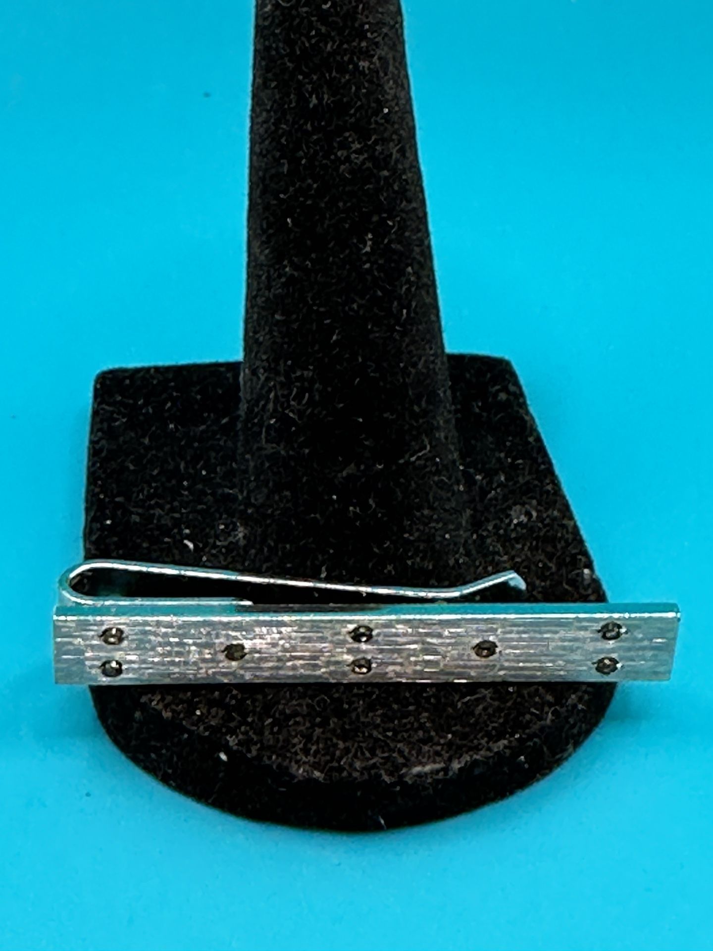 Vintage Signed Sterling Silver & Diamond Slide Tie Bar 8 Diamond Chips 8.43 Grams Great Condition 
