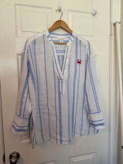 Women's oversized Blue & White Striped Linen Shirt with Crab Embroidery