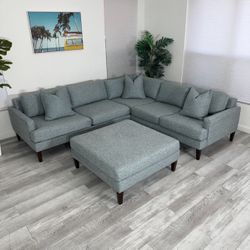 Mid-Century Modern Sectional - Gray Fabric + Ottoman