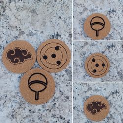 Naruto Cork Coaster Set Sharingan, Akatsuki, Uchiha Clan Fan