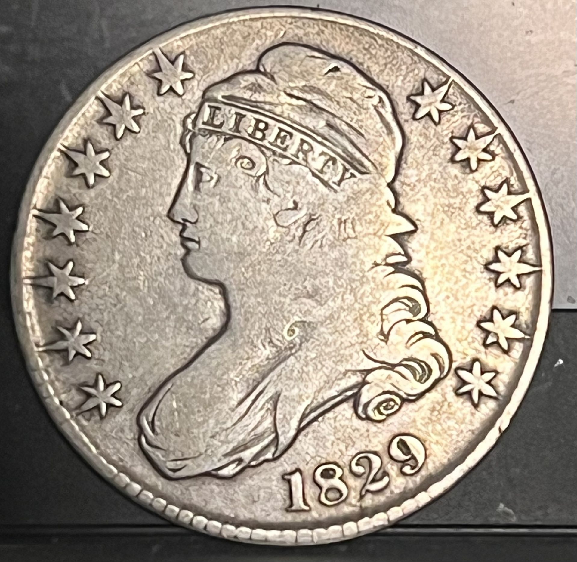 1829 Capped Bust Half Dollar 50c • Lettered Edge • 89% Fine Silver Type Coin • T.M. Counterstamp on Shield of Reverse
