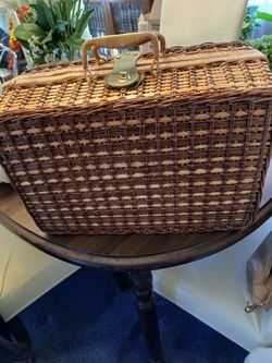 New wicker suitcase basket filled with picnic items.18x12