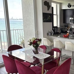 Modern Glass Dining Table Set w/ 6 Velvet Chairs – Excellent Condition