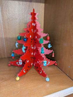 "Vintage 12" Red Wooden Tabletop Christmas Tree - 3 Piece Slot Style - 100% Complete with All Miniature Ornaments - Mid Century Japan/Taiwan Style"