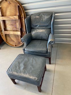 Vintage Blue Leather Wingback Chair with Ottoman