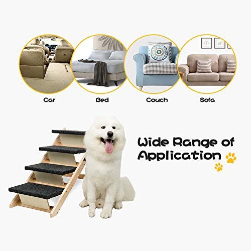 Large 4 Step Wood Dog Stairs Portable & Foldable 4 Level Pet Stairs & Ramp Perfect for Dogs Cats Capacity 110 lbs