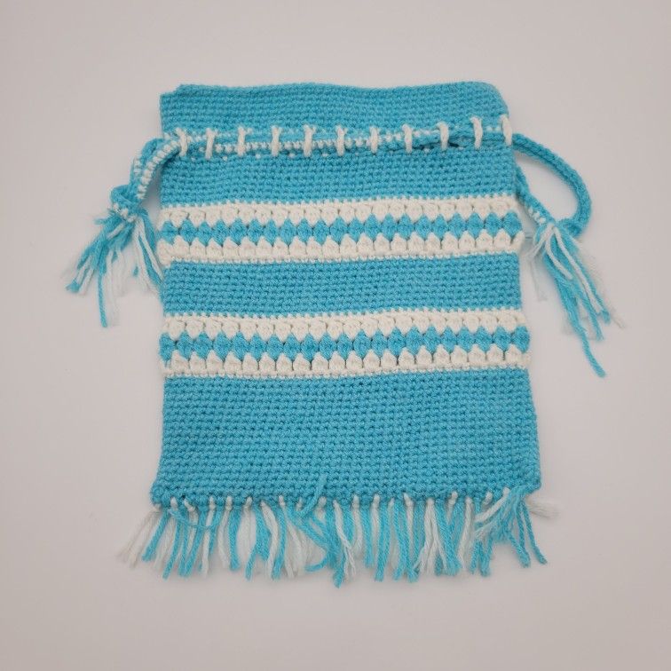 Vintage Fringed Knitted Drawstring Bag In Aqua/Teal Blue And White