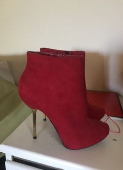 Red suede booties with gold heel size 7