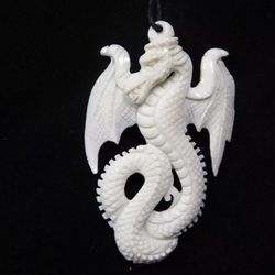 Buffalo bone carved Dragon pendant Amulet with cord necklace 18’