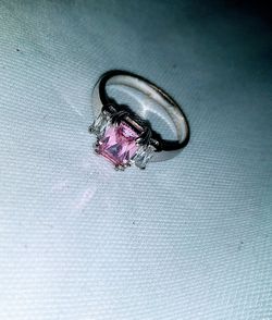 Silver Plated Princess Cut Ring With Pink Center Stone