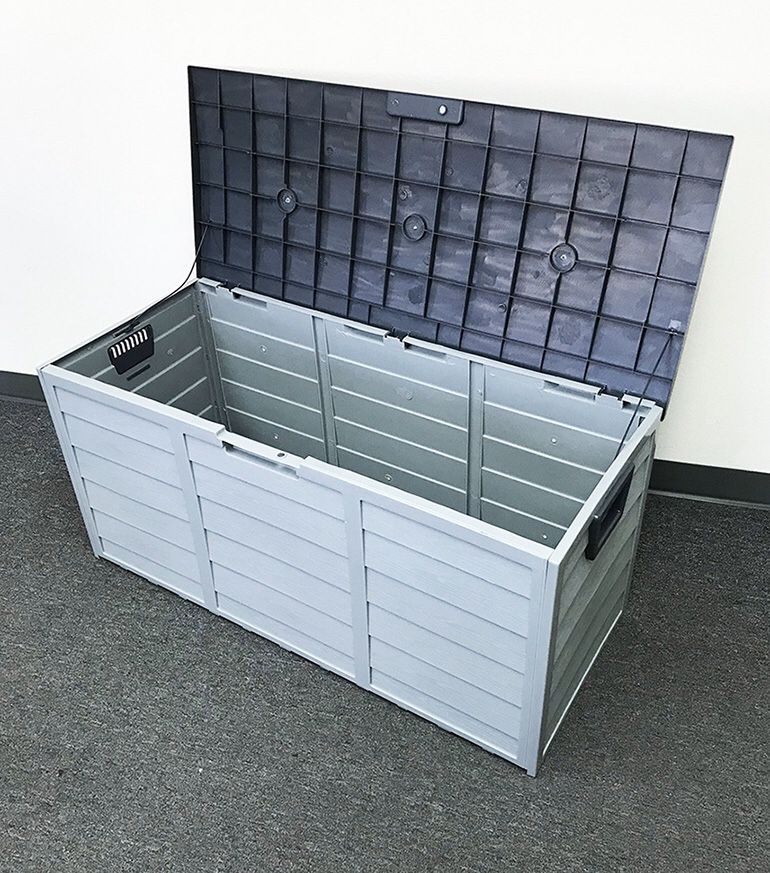 (New in box) $45 each Plastic Storage Box 70 Gallon Outdoor Durable Plastic Shed Waterproof 44”x19”x21”