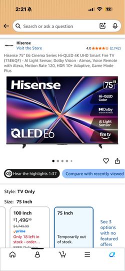 Hisense 75" E6 Cinema Series Hi-QLED 4K UHD Smart Fire TV (75E6QF)