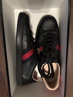 Gucci Ace Black Leather Sneakers Men Size 12us With Red And Blue Stripe – Worn Twice – Receipt & Box Included