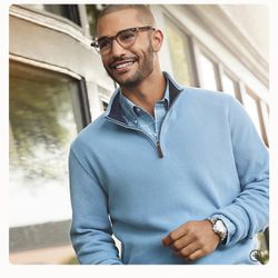 Sweater Lands' End Men's Bedford Rib Quarter Zip Pullover Size M Blue