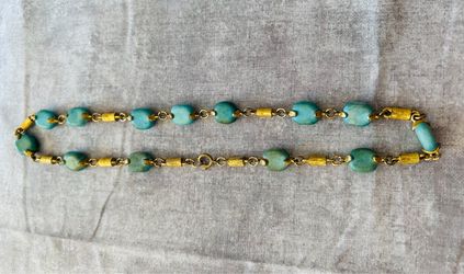 Turquoise Bead and Gold Tone Chain Necklace