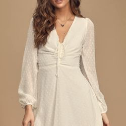 Lulus White Swiss Dot Long Sleeve Skater Dress, White Dress, Casual Dress