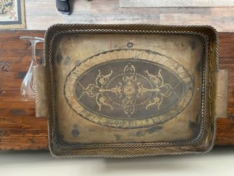 Castilian Imports Vintage Large Solid Brass Heavy Decorated Tray 21"X 16” X 4”